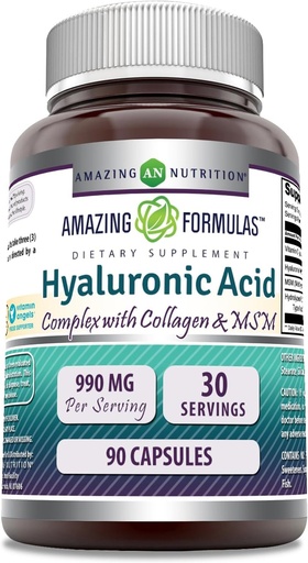 [BRSRO2QDDIOQKETA] Amazing Formulas Hyaluronic Acid Super Complex with MSM, Collagen Type I & III, and Vitamin C | 990 Mg | 90 Capsules Supplement | Non-GMO | Gluten Free | Made in USA