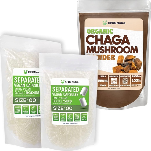 [BRSRMFIYBAORYHTO] XPRS Nutra Separated Size 00 Capsules (1000 Count) with Chaga Powder (8 Ounce) Bundle