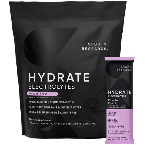 [BRSROBQDOYNAK2DU] Sports Research Hydrate Electrolytes Powder Packets - Sugar-Free & Naturally Flavored with Vitamins, Minerals, and Coconut Water - Supports Hydration - 16 Packets - Passion Fruit