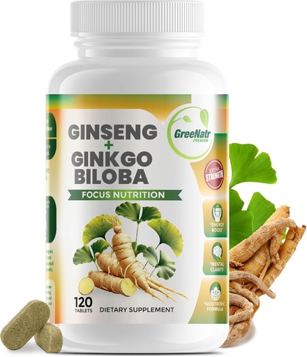 [BRSWYYYDAECGYHQ6] GreeNatr Ginko Biloba & Panax Ginseng Supliment - Red Ginseng Creier Supliment pentru memorie și concentrare - Ginkgo Biloba Suplimente pentru o bună viziune, sistem imunitar și îmbunătățirea fluxului sanguin - 120 comprimate