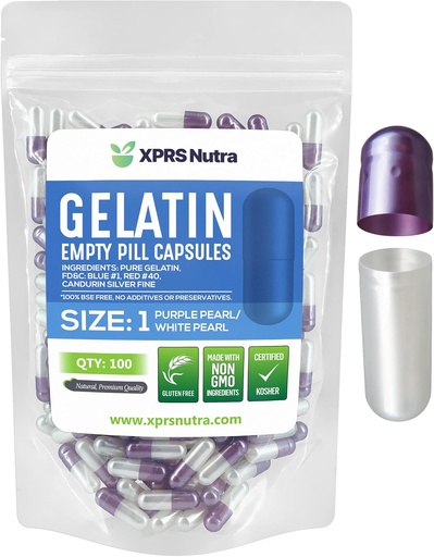 [BRSWY2QKC4BAK3TZ] XPRS Nutra Size 1 Empty Capsules - 100 Count Empty Gelatin Capsules - DIY Capsule Filling - Pure Bovine Pill Gel Caps for Do-It-Yourself Supplements (Pearl Purple/White)