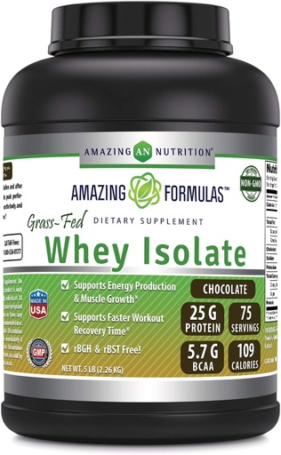 [BRSRMYYOPIFWKG3L] Amazing Formulas Grass-Fed Whey Protein Isolāts - 25 Grams Protein Per Servē - 5 Lbs (2,26 Kg) - 5,7 Grams BCAA -Ražots ASV (5 Lb, Šokolāde)