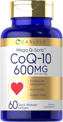 [BRSW2ALRBZ5BGCIZ] Carlyle CoQ10 600 mg Softgels | 60 Counter | Mega Q-Sorb Coenzyme Q-10 | 与黑椒抽取 | Non-GMO & Gluten 免费补充