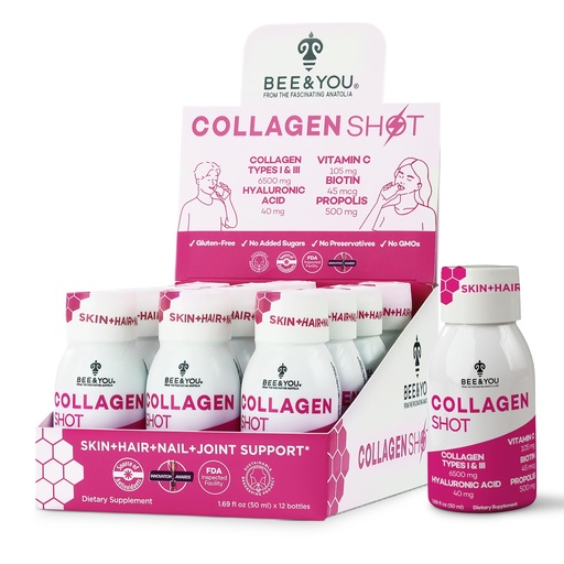 [BRSRMCY6O56ROHLH] Bee and You Collagen Liquid Shot Drink with Vitamin C, Propolis Extract, Hyaluronic Acid, Biotin, Promotes Skin, Hair, Nail and Joint Health, 1.69 fl. Oz x 12 Pack