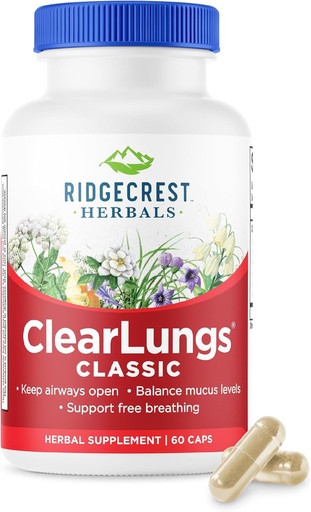 [BRSWIYTYOUPAO3DE] RidgeCrest Herbals ClearLungs Classic, Natural Lung and Nasal Daily Health Supplement for Bronchial, 호흡기, 면역, Sinus 및 Mucus Wellness Support, 초본 공식 (60 모자, 30 봉사)