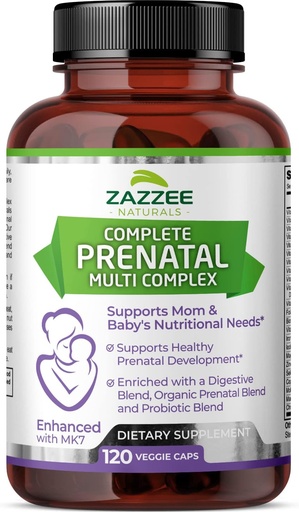 [BRSW2EAEOIDWCCT7] Zazzee Extra Strength Complete Prenatal Multi Complex, 120 Vegan Capsules, 2 Month Supply, 23 Essential Vitamins & Minerals, MK7, 10 Billion CFU Probiotics, Prenatal Enzymes, Organic Herbal Blend
