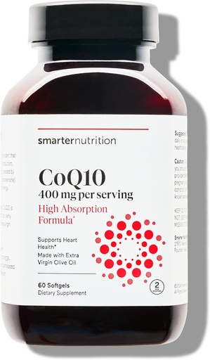 [BRSRAHY7O4BQYE3B] SMARTERNUTRITION CoQ10 400 mg High Absorption - Naturally Fermented Ubiquinone w/Organic Cold-Pressed Olive Oil - for Heart Health, Cellular Energy - Non-GMO, Gluten Free - 60 Count[30-Day Supply]