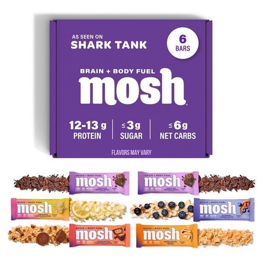 [BRSRMFD5OYFQAYDG] MOSH Variety Pack Keto Protein Bars, High Fiber, Low Carb, Gluten Free, High Protein, Brain Healthy Snack with Ashwagandha, Lion's Mane, 6 Count