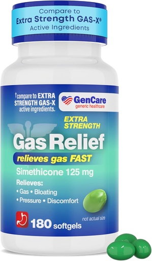 [BRSROAIBOYFRA2AU] GenCare -Extra Strength Gas Relief Simethicone 125mg (180 Softgels) Maximal Strength Anti Gas Pills för uppblåst lättnad, tryck och obehag - Jämför med Generic Extra Strength Gas X