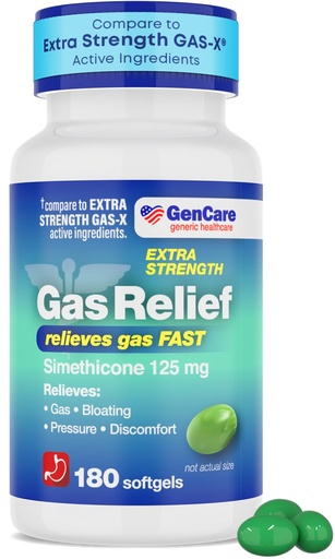[BRSROAIBOYFRA2AU] GenCare -Extra Strength Gas Relief Simethicone 125mg (180 Softgels) Maximum Strength Anti Gas Pills for Bloating Relief, Pressure & Discomfort - Compare to Generic Extra Strength Gas X