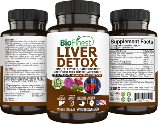 [BRSROATYO54AAGTG] BioFinest Liver Detox supplement - 22 Nutrients Milk Thistle Artichoke Celery Seed Chanca Piedra Beet Root Dandelion Turmeric Ginger - Alcohol Cleanse Energy Digestion Metabolism (120 Veg. Capsules)