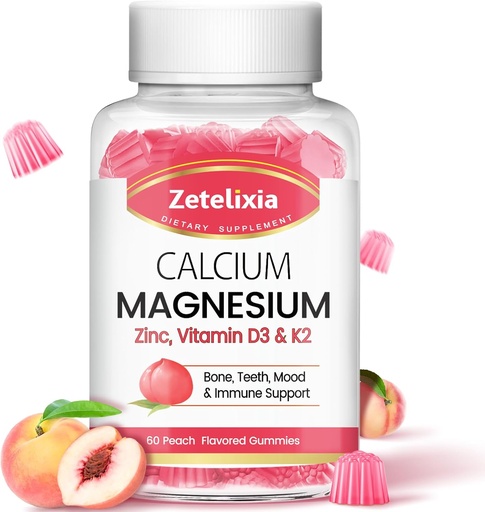 [BRSRAGDRBB7BYCTD] Sugar Free Calcium Citrate Gummies, Calcium Magnesium Gummies with Vitamin D3 & K2 for Bones Muscles and Joints, Peach Flavor - 60 Ct