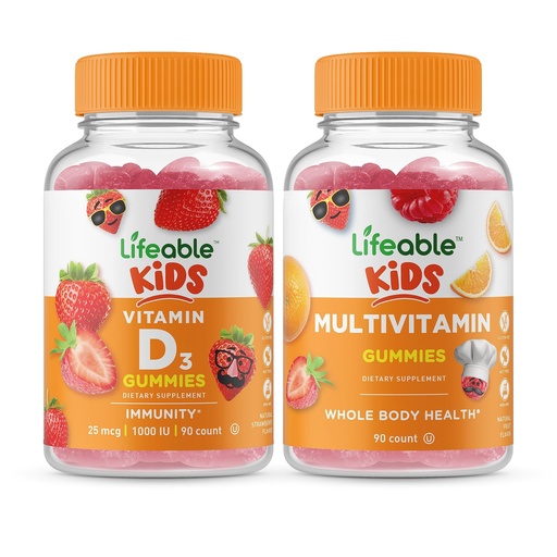 [BRSW2H33AACBO3DB] Lifeable Vitamin D Kids + Multivitamin Kids, Gummies Bundle - Great Tasting, Vitamin Supplement, Gluten Free, GMO Free, Chewable Gummy