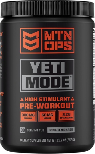 [BRSRMEL3OUFQM3D2] MTN OPS Yeti režim prášok pred cvičením - výbušné vysokošpirant s 300 mg kofeínu, monohydrát kreatínu, beta-alanín, a 45 mg Niacin - ružová citrónová príchuť v 30 Slúžiť tub