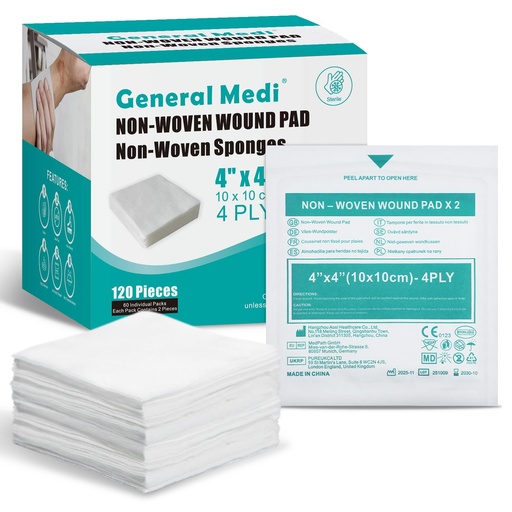 [BRSW2CARAV5AM2QY] General Medi Sterile Gauze Sponges, 4" x 4" Non-Woven Wound Pads - Individually Wrapped Highly Absorbent Sponges Pads for Cushioning Minor Wounds, Cuts & Burns Wound Care (60 Packs, 120 Pieces Total)