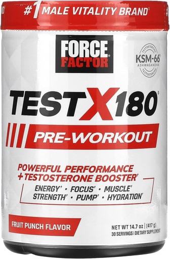[BRSROZAPCEJQGFA2] FORCE FACTOR Test X180 Pre-Workout pulver & energi Supplement, Øk fokus og utholdenhet, Bygge muskler og styrke, Nitric Oxid Supplement med Ashwagandaha & L-Citrulline, Fruit Punch, 30 serveringer