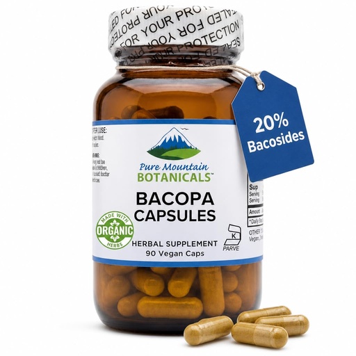[BRSWIALZOEEGKDDC] Pure Mountain Botanicals Bacopa Monnieri Capsules - 90 Count - Organic Bacopa and Potent Extract - 20% Bacosides - Vegan Brahmi Supplement