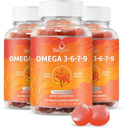 [BRSW2GDRAANBAA3Z] BeLive Organic Omega 3 Gummies - Omega 3 6 9 7 DHA & EPA from Flaxseed Oil & Sea Buckthorn Fruit Oil, Vegan, for Kids & Adults, Full Body, Brain & Eye Support, Sugar Free – Peach | 3-Pack