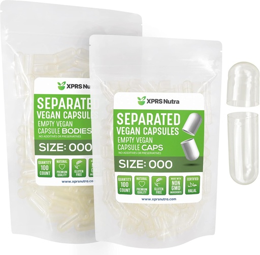 [BRSRMGQ5CV7BSGY6] XPRS Nutra Vegan Size 000 Separated Capsules- 100 Count Premium Empty Caps Separated in Bags - Clear Empty Capsules - 000 Pills for DIY Supplement Filling