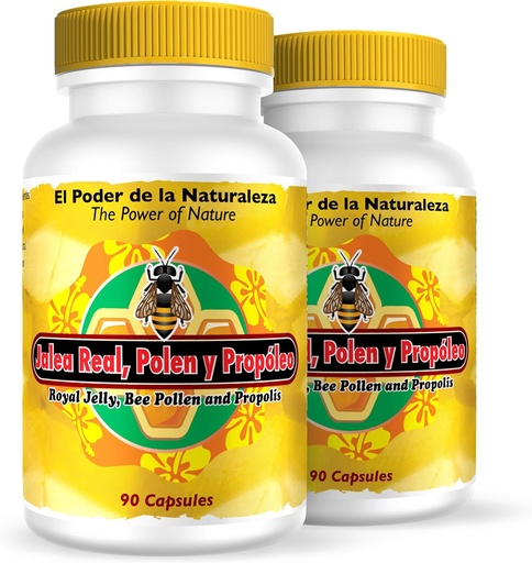 [BRSWECQKORYGGHL3] Nutrisalud Products Jalea Real, Polen y Propoleo en UNA sola capsula. Maxima Potencia. Tonico rejuvenecedor, energia Natural, .Set de 2 frascos con 90 caps. c/u.