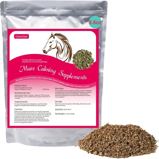 [BRSRAYAFO4NB4D3A] 8.8 oz Horse Calming Supplement - Natural Raspberry Leaf Eases Anxiety and Discomfort in Moody Mares, Calms During Heat Cycles - Suitable for Geldings Too