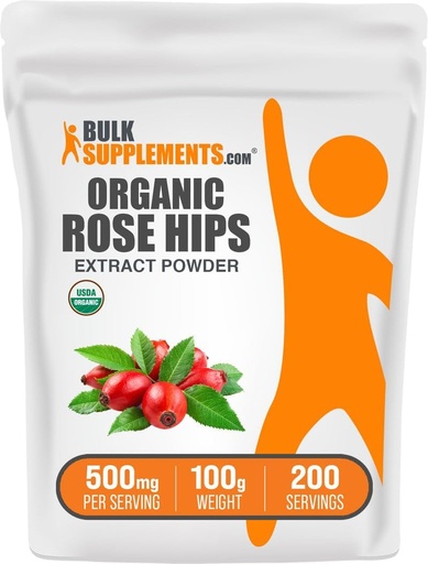 [BRSWKFIOCIPBACDG] BulkSupplements.com Organic Rosehip Extract Powder - Rose HIPS Supplement, Rosehip Powder - Bylinný dodatek, Antioxidanty Zdroj - Gluten Free, 500mg na Serving, 100g (3,5 oz) (Balení po 1)