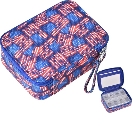 [BRSW2A33BUAQG3IZ] Pill Organizer Case Travel Medicine Box 7 Day Vitamin Supplement Compact Dispenser in Zipper Pouch Bag (US Flag)