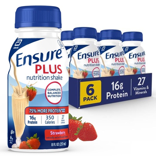 [BRSWIZQEAEOBOHTY] Ensure Plus Strawberry Nutrition Shake | Meal Replacement Shake | Ready To Drink | 16g Protein and 27 Vitamins and Minerals | 8 fl oz - 6 Pack