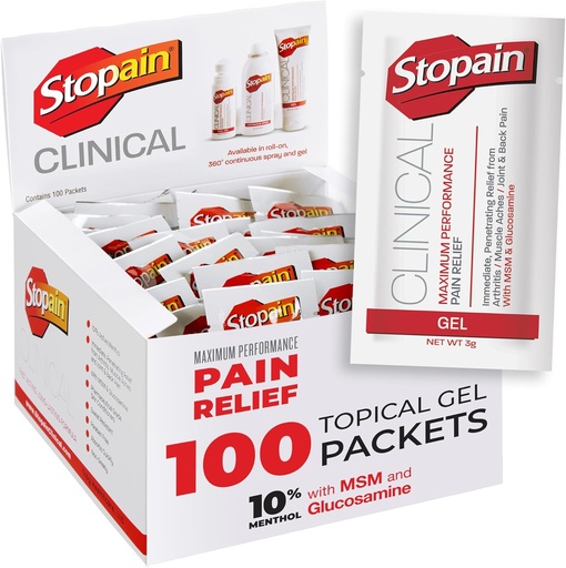 [BRSRAFADCR5QYCQ2] Stopain Pain Relief Clinical Gel Packets, 100 Pack, Made in USA, Maximal Performance Pain Relief med 10% Menthol Plus Glukosamin för muskelvärk, gemensam smärta och artrit