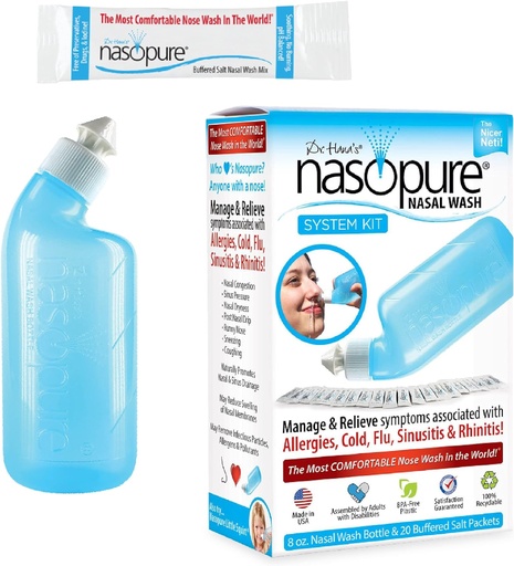 [BRSWIYAHOIORWAY3] Nasopure Nasal Wash, System Kit, “The Nicer Neti Pot” Sinus Wash Kit, Comfortable Nasal Rinse 8 Oz Bottle & 20 Salt Packets (3.75 Grams Each), Nasal Congestion, Cold, Flu, Allergy, Nasal Irrigation