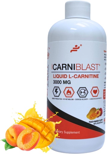 [BRSW2HAFAAIGG2QU] Bricker Labs CARNIBLAST Liquid L-Carnitine 3000mg – Carnipure – 能源、Stamina和工作恢复运动营养补充剂 – Peach Mango Flavor, 16 Fl Oz, Vegan, Gluten Free, 非GMO