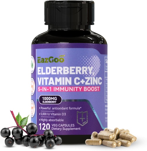 [BRSRA2YOC4MQ4FDH] Sambucus Elderberry zink eta C bitaminarekin - 5 in 1 Inmune Support Supplement, Ez-GMO, 120 Vegetarian kapsulak, 2 hilabete Hornikuntza