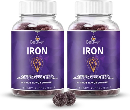 [BRSW2GD4OUPQ23TP] Belive Iron Gummies - Multivitamin Iron Supplement with Vitamin C, A, B & Zinc, Υποστηρίζει οξυγόνο αίματος, Vegan Συμπληρώματα για γυναίκες, άνδρες & παιδιά για την ανάπτυξη και την ανάπτυξη - Grape Flavor 