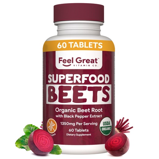 [BRSWGBA7ARYWKG3A] Feel Great Vitamins Organic Beet Root Powder Supplements (Tablets) | Beets Nitric Oxide Supplement | Red Beet Powder Support Healthy Circulation with Natural Nitrates for Natural Energy*