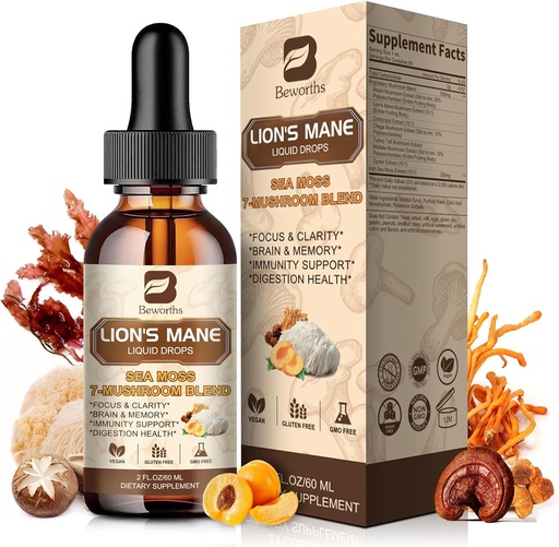 [BRSRAFQRBYBBEFYU] Lions Mane Mushroom Liquid Drops, 8 in 1 Mushroom Complex Supplement with Irish Sea Moss, Chaga, Turkey Tail, Cordyceps & More for Brain, Focus, Cognitive & Immune Support, Vegan, Peach Flavor, 60mL