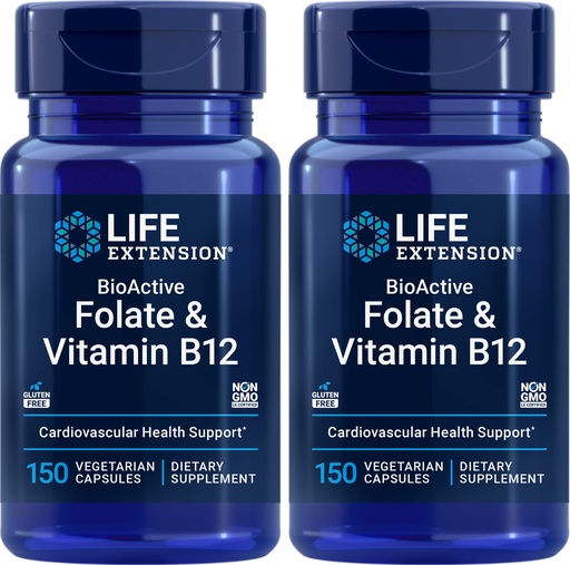[BRSRM2Y6B4HRUD3V] Life Extension BioActive Folate & Vitamin B12, 150 Vegetarian Capsules (Pack of 2), Non GMO, Gluten Free