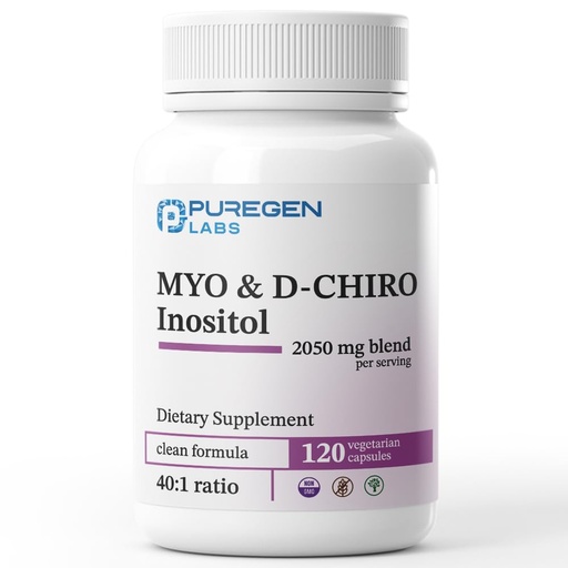 [BRSRAHQYBMFGGCDB] Puregen Labs Inositol Supplement | Myo Inositol & D-Chiro Inositol 2050mg - 120 Veggie Caps | No Harmful Additives | Non-GMO, NO Gluten and Dairy