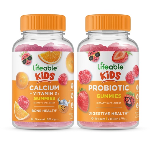 [BRSW2HQTOQFWEDIV] Lifeable Calcium with Vitamin D Kids + Probiotic 2 Billion CFU Kids, Gummies Bundle - Great Tasting, Vitamin Supplement, Gluten Free, GMO Free, Chewable Gummy
