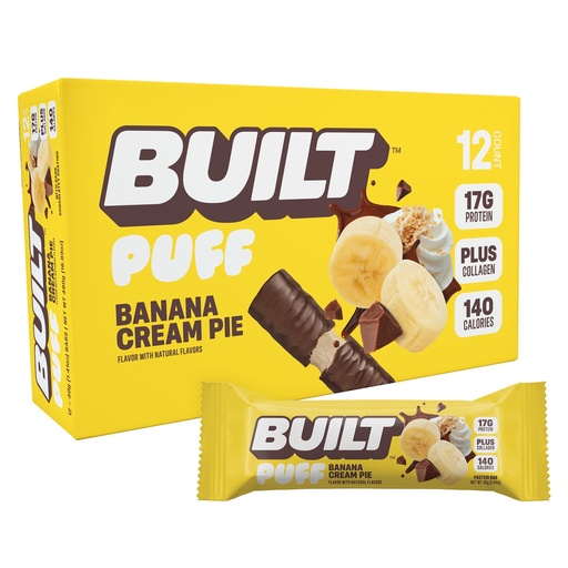 [BRSW2H3QOZ4BS2YU] BUILT Bar Puff Protein Bars - Banana Cream Pie - 17g Protein Snack Bars with Collagen - Calorie Conscious & Gluten Free - 12 Count