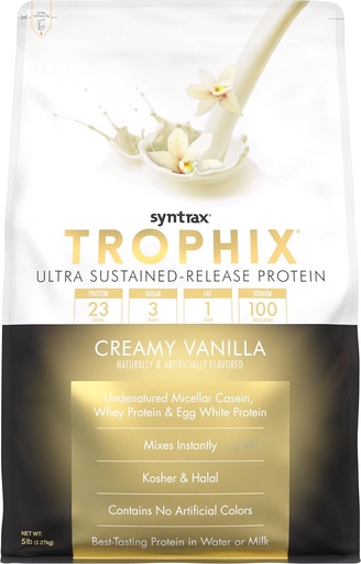 [BRSWIZYNON6AY3DI] Syntrax Nutrition Trophix, Ultra Sustained-Release Protein Powder Blend, Creamy Vanilla 5 lbs, Real Vanilla Ben Specks