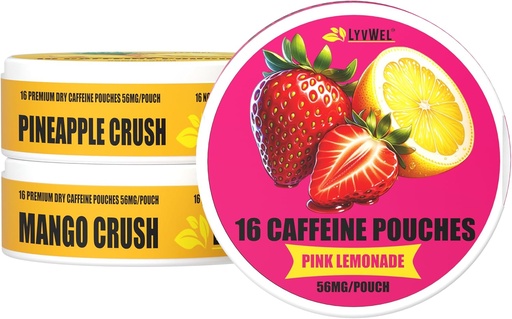 [BRSRAFA7CEIRE2DL] LyvWel 56mg Caffeine Energy Pouches — Pink Lemonade, Pineapple Crush, Mango Crush – Fruity Clean Energy & Focus Boost with Guarana — 3-Pack Sampler (48 Total Pouches)