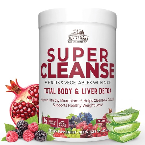 [BRSWGZIOAUHRE3TB] Country Farms Super Cleanse, Super Juice Cleanse, Supports Healthy Digestive System, 34 Fruits and Vegetables with Aloe, Promotes Natural Detoxification, Drink Powder, 14 Servings, 9.88 Ounce