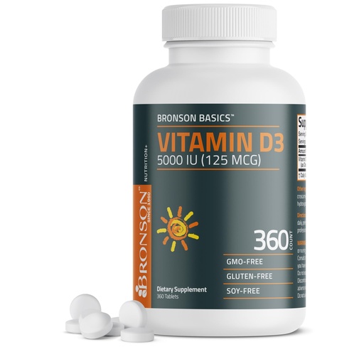 [BRSRMCQFC4IREDL6] Bronson Vitamin D3 5000iu (125mcg) Healthy Muscle Function and Immune Support, Non-GMO, 360 Tablets