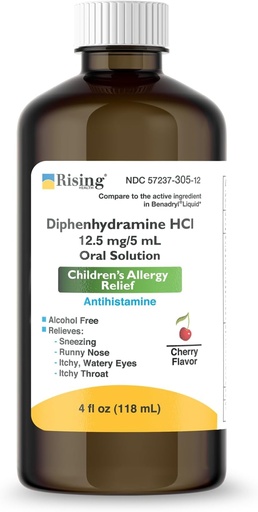 [BRSROZLROECBMCQ6] Rising Health - Allergy Relief Liquid Medicine with Diphenhydramine HCl 12.5mg/5ml - Kids' Allergy Syrup for Symptoms Like Runny Nose, Itchy Eyes & More - Cherry Flavor - 4 fl. oz
