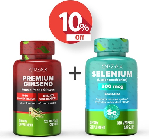 [BRSRMFLRCQIB4YDJ] ORZAX Premium Ginseng 120 Vegatable Capsules and Selenium 200 Mg 180 Vegatable Capsules, Bundle