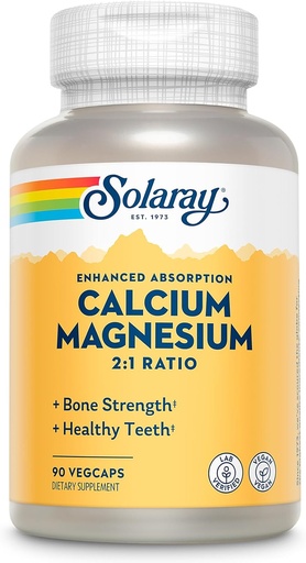 [BRSWIYQAO4GQKYA5] Suplemento de magnesio de calcio SOLARAY, Suplementos de magnesio y calcio para mujeres y hombres, 2:1 Relación, Bone Health &amp; Strength, Vegan, Alta Absorción, Garantía de 60 días, 22 Serviciones, 90 VegCaps