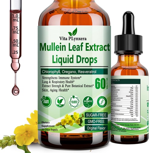 [BRSRAZT3OAHRE2TD] Mullein Drops for Lungs, Organic Mullein Leaf Extract for Lung Detox w. Chlorophyll Elderberry Oregano Oil Resveratrol Mullein Tincture Alcohol Free, Original Flavor, 2 f Fl/Oz