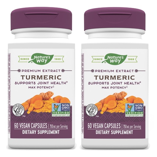 [BRSWGAITPN5A4HT3] Nature's Way Turmeric Max Potency Premium Extract - Turmeric Supplement for Joint Support* - with Turmeric Extract - for Men & Women - Gluten Free - 60 Vegan Capsules (Pack of 2)