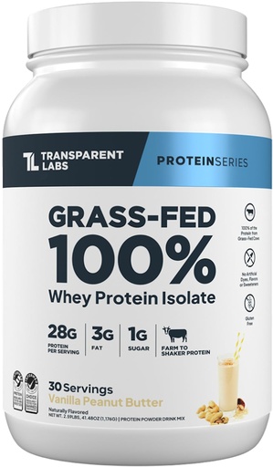 [BRSRO2YECQFWY3D5] Transparent Labs Grass-Fed Whey Protein Isolate - Naturally Flavored, Gluten Free Whey Protein Powder with 28g of Protein per Serving & 9 Amino Acids - 30 Servings, Vanilla Peanut Butter