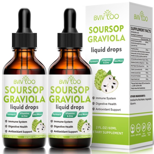 [BRSRAEILOEDRQE3U] 2 Pack Soursop Graviola Liquid Drops - 2000mg Pure Soursop Extract Blended with 300mg Sea Moss & 100mg Elderberry - Powerful Cell Support, Antioxidant-Rich, Immune-Boosting - 4 Fl Oz (120ml) Bottle